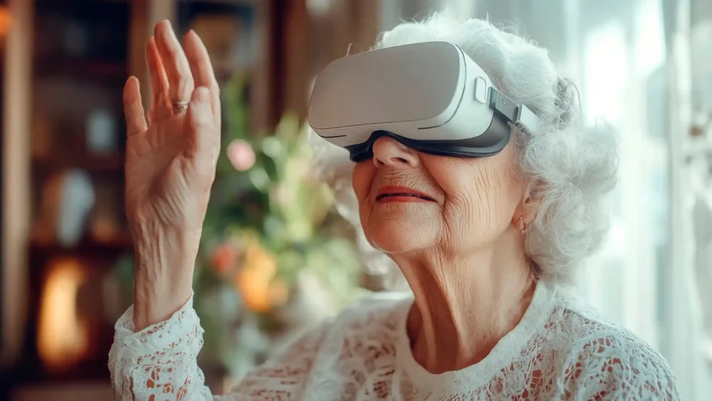 An elderly woman wearing a virtual reality (VR) headset, fully immersed in a digital experience. She has a look of wonder and excitement on her face as she interacts with the virtual world, symbolizing digital inclusion and technology accessibility for seniors